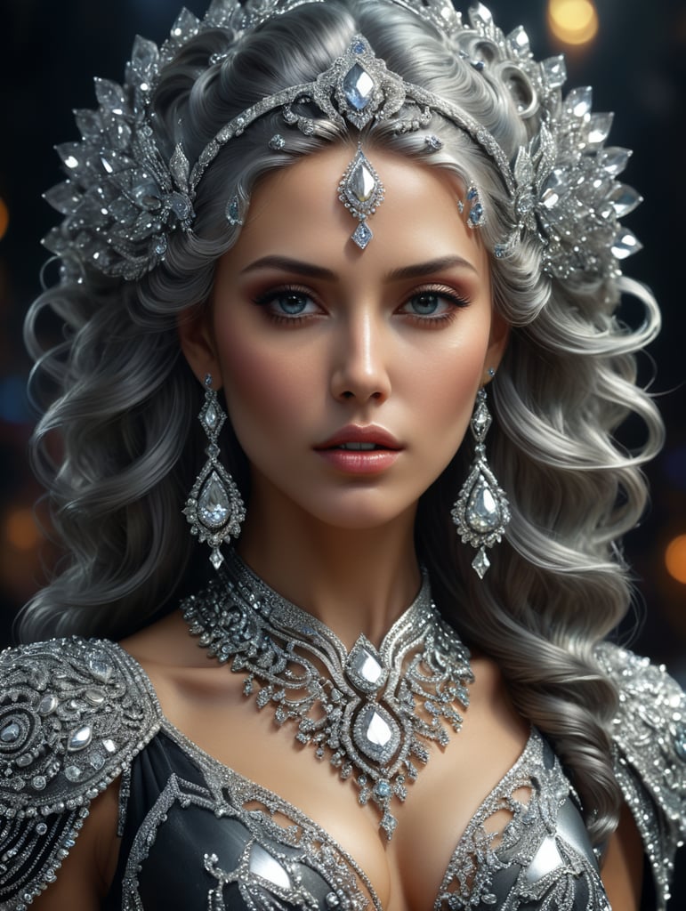 WS,an image of a woman with silver diamonds in her hair, in the style of mixes realistic and fantastical elements,fashion Deep V clothing, 4k