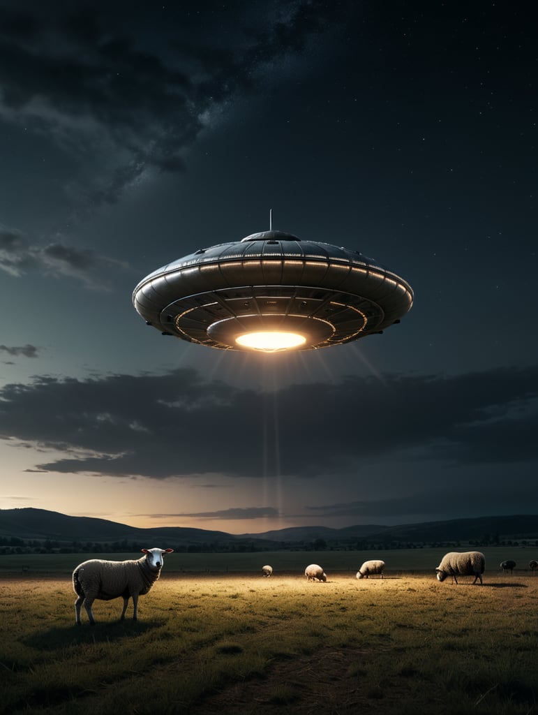 a minimalistic metal UFO kednaping a sheep at dark night in an empty field. mystery style, dark,