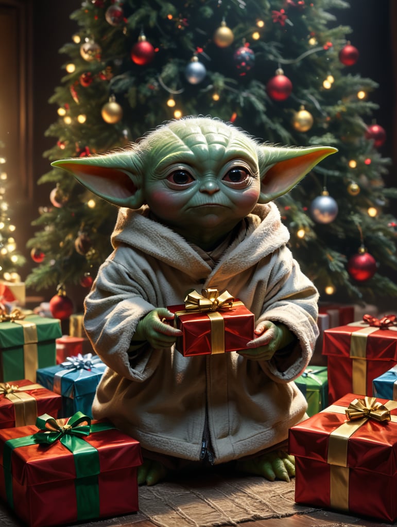 baby yoda at christmas opening presents