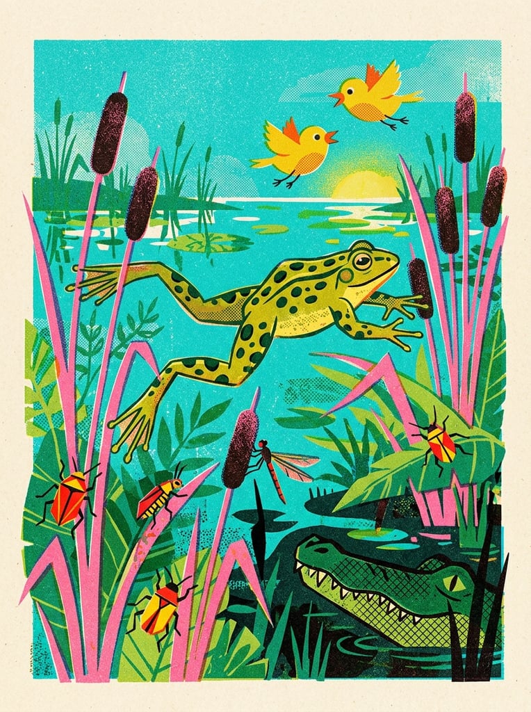 A stylized green frog with dark spots leaps mid-air through a bright teal swamp in a flat graphic illustration with grainy textures. Pink-stemmed cattails and broad green leaves surround the splayed frog. Two round yellow birds flutter above, while geometric red and yellow bugs cling to the plants. A green alligator snout with a cross-hatched jaw peeks from the bottom right corner. The vibrant scene features bold shapes, layered compositions, and a whimsical risograph print aesthetic.
