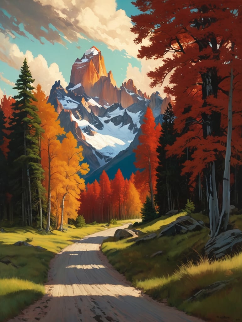 Painting by sargent and rhads and leyendecker and greg hildebrandt evening sky, low thunder clouds foothpath with trees at indian summer with zugspitze fitz roy in background, colours green, red, blue black and white