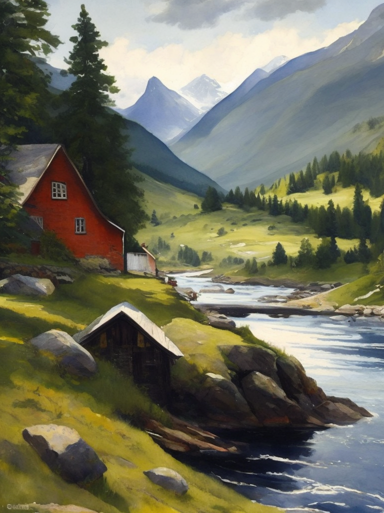 Landscape with a Norwegian village in the mountains, a mountain river, painting, oil, watercolor, Landscape, style of Gifford Beal