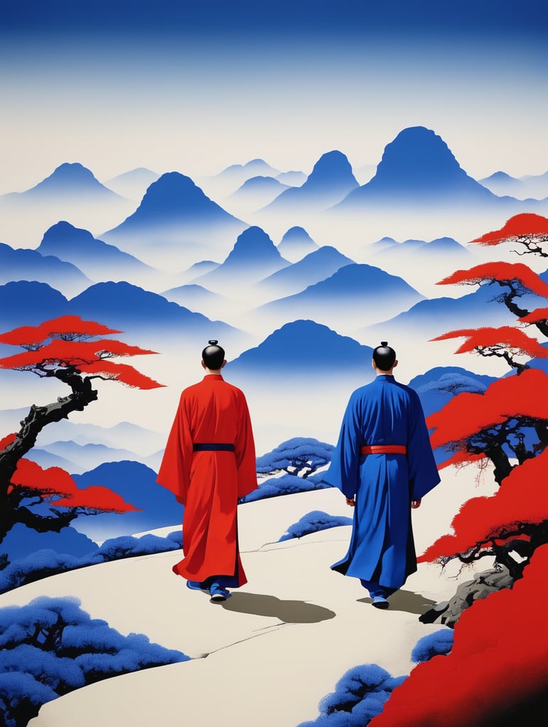 Chinese palace,classical,The men in robes were walking,Oriental aesthetics，Chinese Zen, minimalism, Klein blue and Red,Postminimalism,landscape painting,by Eiko ojala,by Noma Bar,Mountains and mountains in Song Dynasty