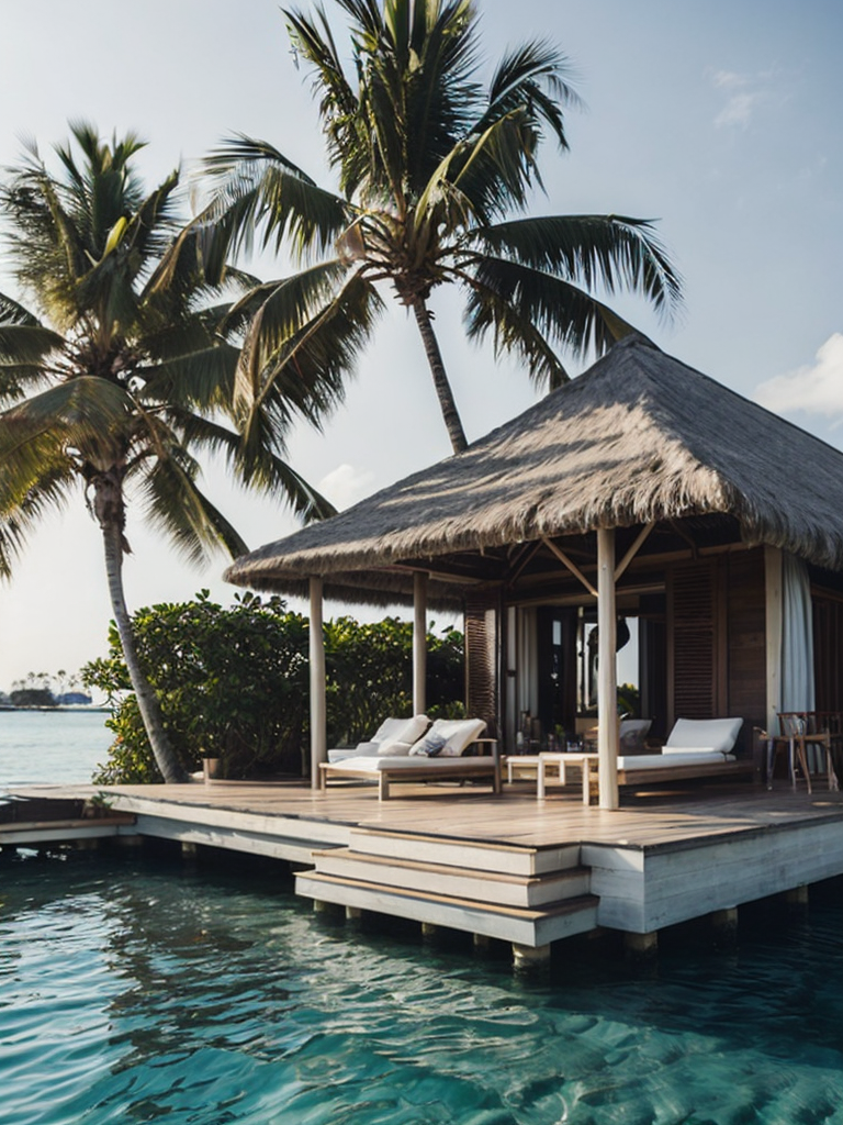 Over water villa in the maledives with the sun shining and some palms