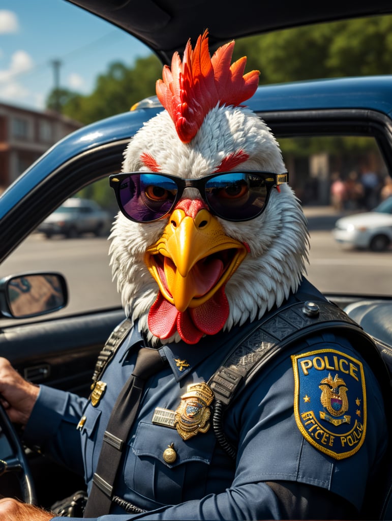 Rooster police officer, sitting behind the wheel of a police car, close-up shot, sunglasses, clipart, stock photo