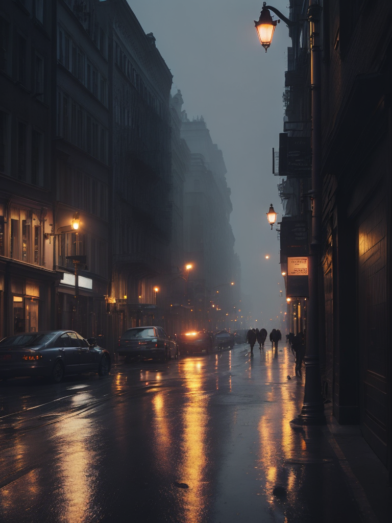 A city street in the night, rainy weater, little fog and people and cars