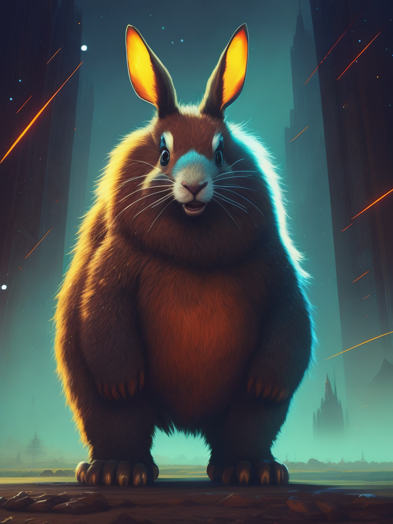 Photo of a rabit monster in the space, style of laurie greasley, studio ghibli, akira toriyama, james gilleard, genshin impact, trending pixiv fanbox, acrylic palette knife, 4k, vibrant colors, devinart, trending on artstation, low details