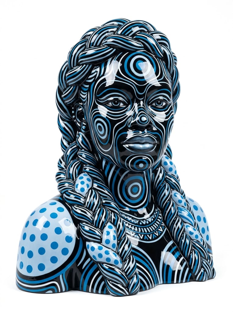 A highly polished, glossy ceramic sculpture of a woman with braided hair positioned against a stark, pure white background. The entire three-dimensional figure functions as a seamless canvas for elaborate, high-contrast surface patterns restricted to a distinct color palette of pitch black, vibrant cerulean blue, pale powder blue, and crisp white. Swirling, undulating white and blue contour lines map the organic topography of her face and trace the interwoven strands of her thick braids over a deep black base. Specific anatomical sections, such as her shoulders and alternating segments of her hair, are blocked out in pale powder blue filled with densely packed, solid cerulean polka dots. Concentric circular motifs and bold, sweeping stripes wrap around her neck and forehead, emphasizing the sculptural volume of the figure. The ultra-smooth, glass-like surface reflects pristine studio lighting, creating sharp, elongated white specular highlights that curve prominently across her cheekbones, jawline, and the raised ridges of her braided hair, isolating the vibrant, vividly patterned form within a pristine white void.