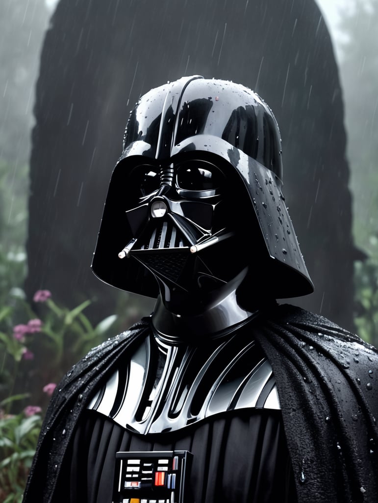 Darth vader with half his mask in his face scarred and depressed looking at padme's grave, star wars, depressing ,4k, rain, dark