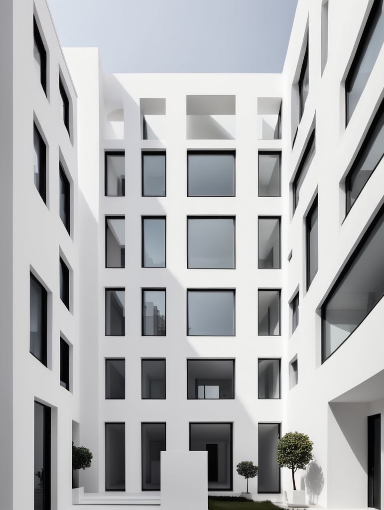 Give me an example for minimalistic white buildings make sure that they are connected and make room for a simple minimalistic windows and doors , keep in mind that the buildings are for residential use , add a entrance with stairs and raise the number of stories to 6 and the number of buildings combined to 4 And give me a picture that shows the whole buildings together