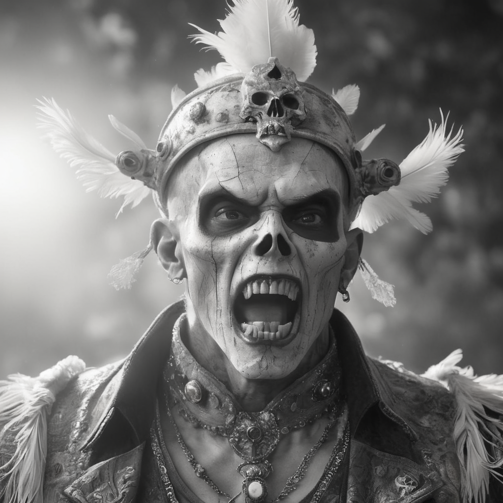 a screaming voodoo priest, eyes wide open, crazy expression on the face, the face is made up like a skull, makeup is made of chalk and partly smeared, black and worn top hat with a brim made of chicken feathers and small skulls, black and worn leather vest, his neck and chest and arms are completely tattooed with voodoo symbols, a glass of rum in the left hand, the right fist stretched towards the sky, full body, midnight, tropical jungle scene in the background, depth of field, taken with an 85mm lens, extremely detailed photo