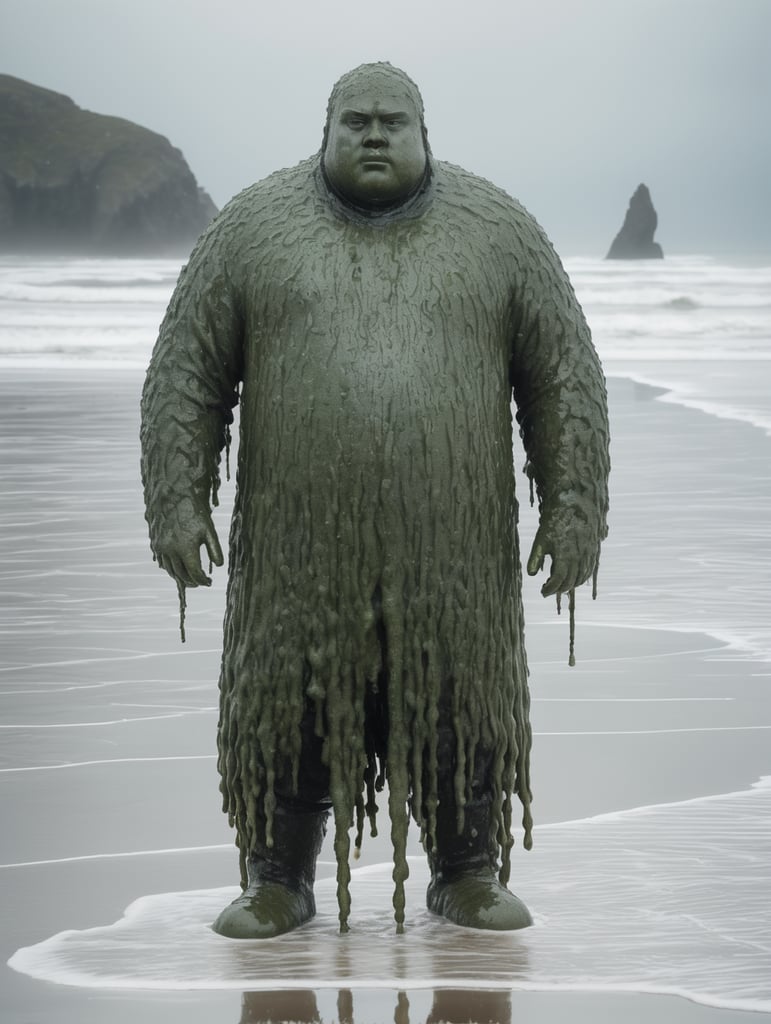 A full figure, tall and thin, made of sea water covered in salt, and dripping with wet seaweed. Facing the front and looking straight ahead.