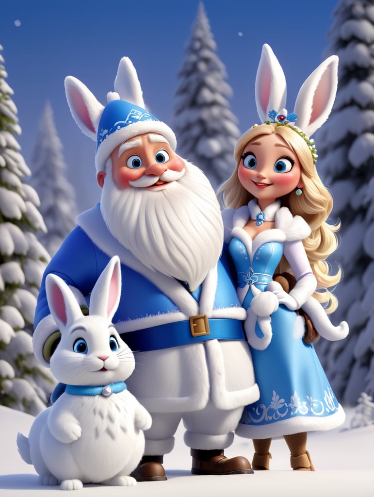New year's card, Santa Claus and Snow Maiden, rabbit, deere, by Justin Gerard and Greg Rutkowski