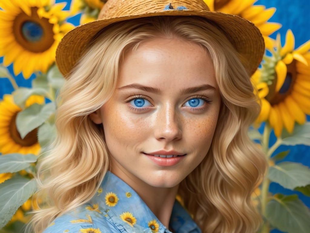 Mujer joven rubia un poco ondulada, ojos azules y pecas. vestida cotagge. Que predomine el amarillo y el azul, que se note alegre y fan de van gogh y monet. Ahora hazla pintando un cuadro impresionista sobre girasoles y que se vea como que ha pintado mucho