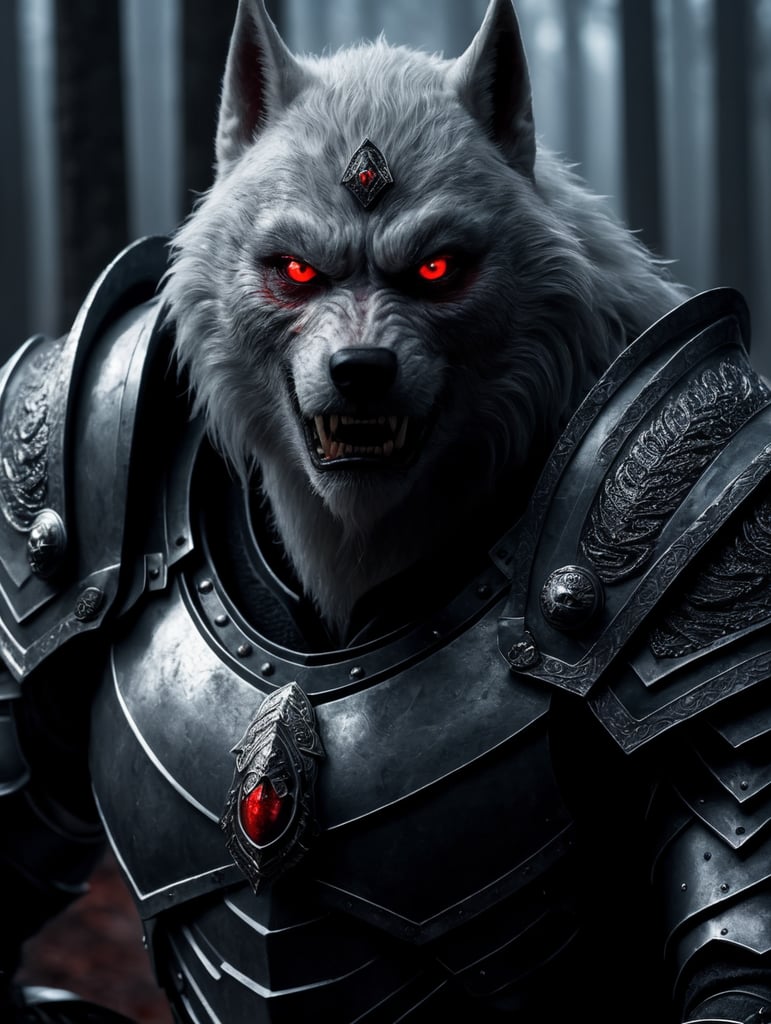 White werewolf elf assassin wearing armor with glowing red eyes