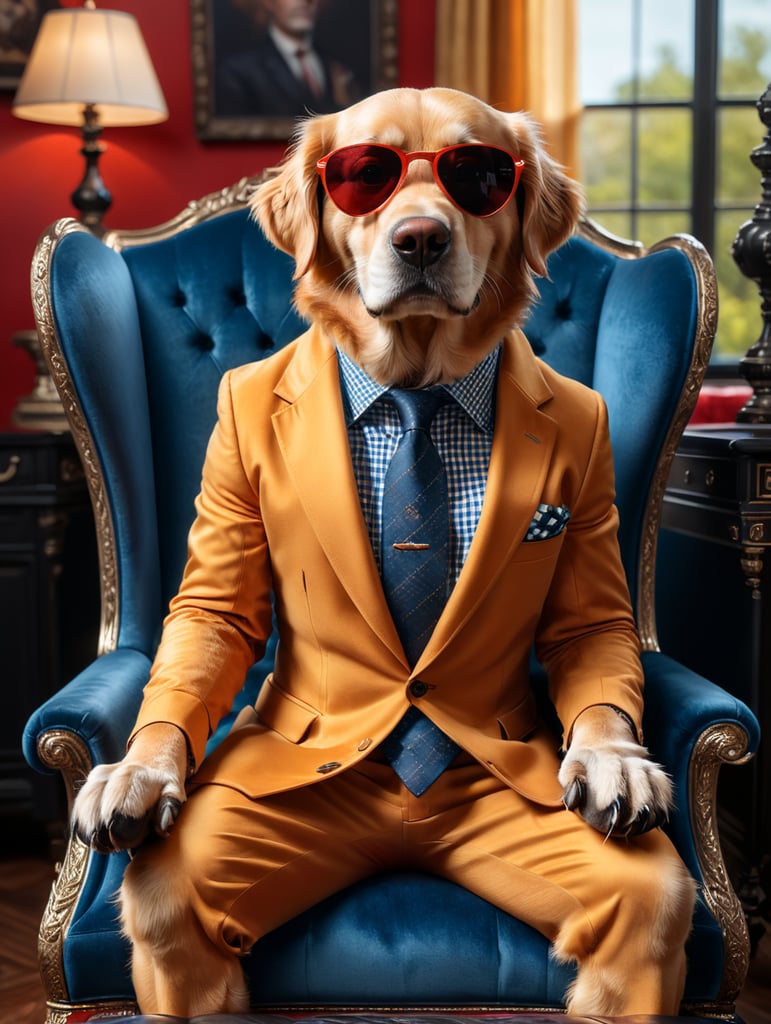 a sleek looking golden retriever, sitting on a tufted blue velvet chair with, bright red background, wearing an expensive 3 piece checkered suit, with very large dark sunglasses, hands in lap, full body with black shiny shoes, black leather gloves, black leather shoes, facing front, super crisp, photographic canon 80d, daylight, bold, fantastic