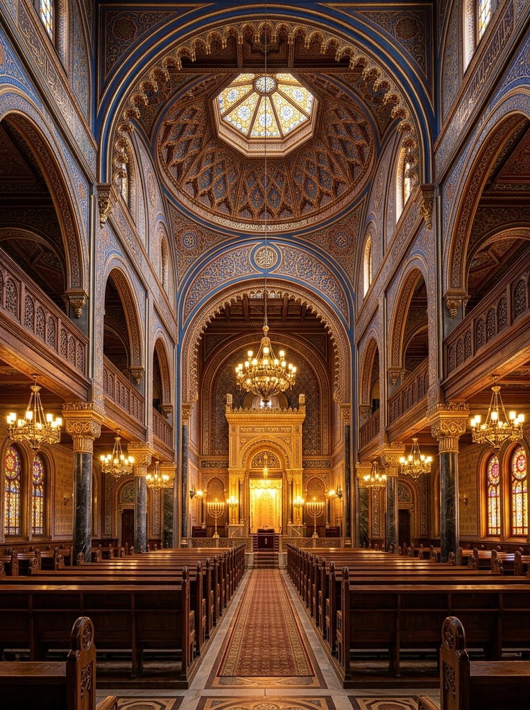 A perfectly symmetrical architectural photograph of a grand Moorish Revival synagogue interior. Dark wooden pews flank a central aisle leading to a glowing golden ark at the vanishing point. The ornate space features intricate cobalt blue and gold painted arches resting on dark marble columns with gilded capitals. Elaborate brass chandeliers hang beneath a vividly patterned ceiling and a central stained-glass skylight, while vibrant arched stained-glass windows illuminate the side aisles in rich, warm light.