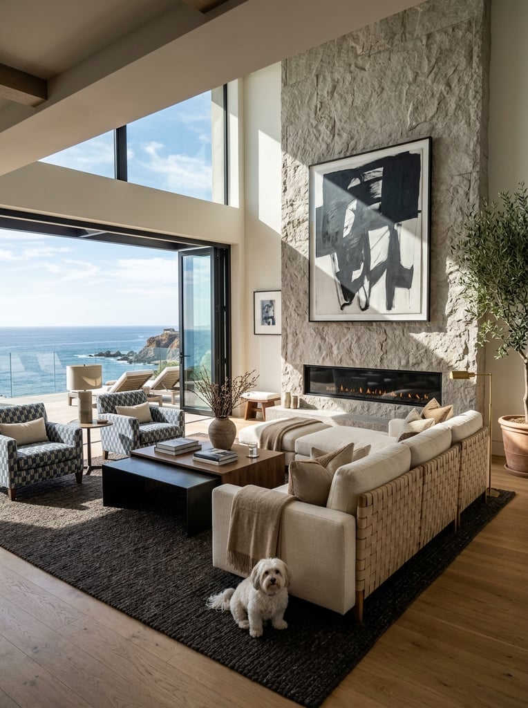 sunlit luxury living room, open folding glass doors revealing ocean view, cream modular sofa with woven leather back, dark textured rug, nested coffee tables, patterned armchairs, large stone accent wall with linear fireplace, massive abstract black and white painting, small white dog, sharp architectural shadows, high-end interior photography