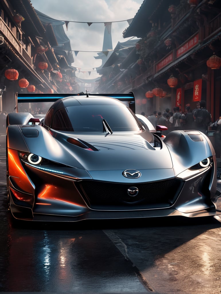 A video game visual of a frontal view of a futuristic Mazda Furai, dynamic composition, Asphalt 9 Legends style, incredible graphics, 4k