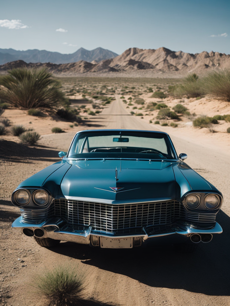 Blue cadillac eldorado 1959 in the desert, dunes on the background, Sunny day, Bright and rich colors, Detailed image