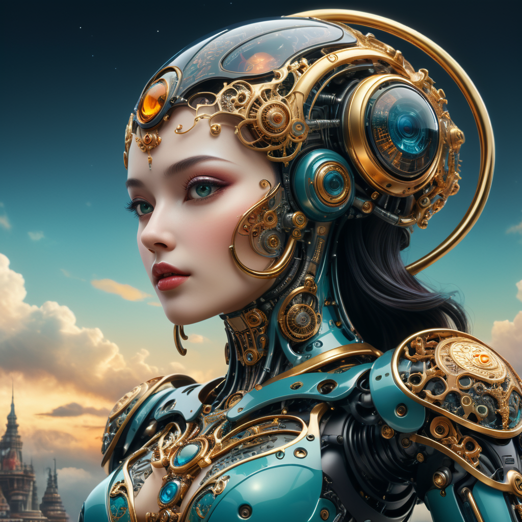 A female anthropomorphic robot with an art Nouveau cyberpunk aesthetic,body is made from a delicate mechanical ornamental exterior reminiscent of a futuristic ers with a delicate gleaming porcelain and gold trimmed filigree filigree exterior with Art Nouveau curvilinear forms. Its structure should reveal a hollow see through body, hyper-surrealistic detailed 3d rendering digital art style, background galaxy sky