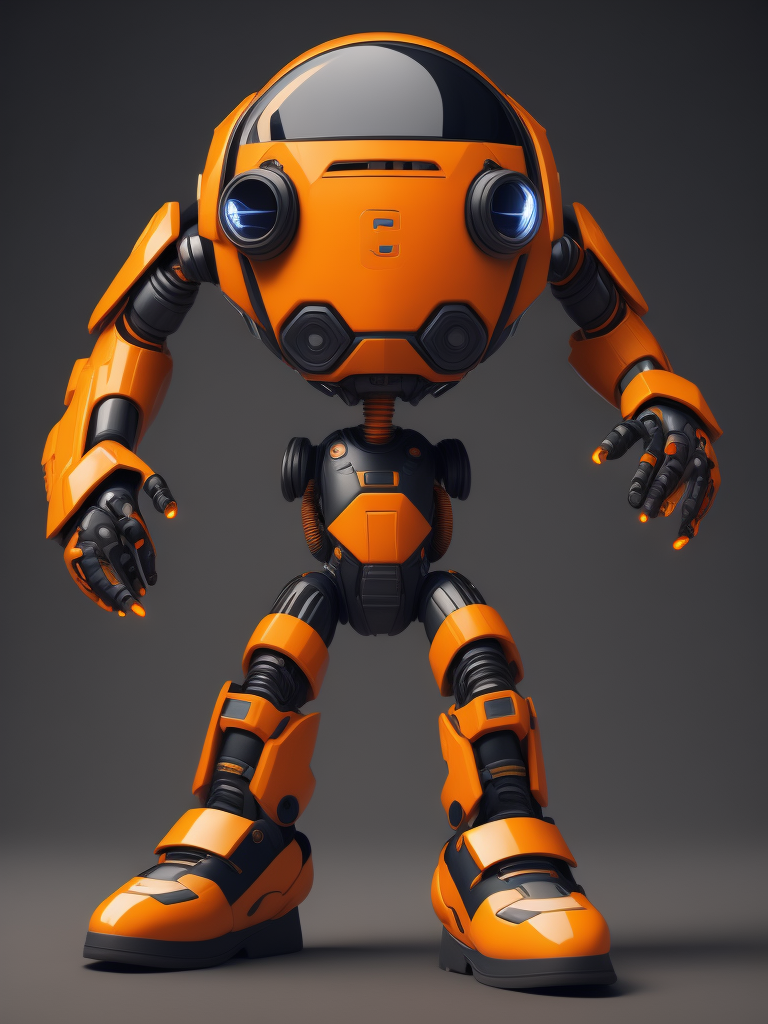 Orange cute style robot wearing stylish futuristic sports clothes, big sneakers and a futuristic glasses