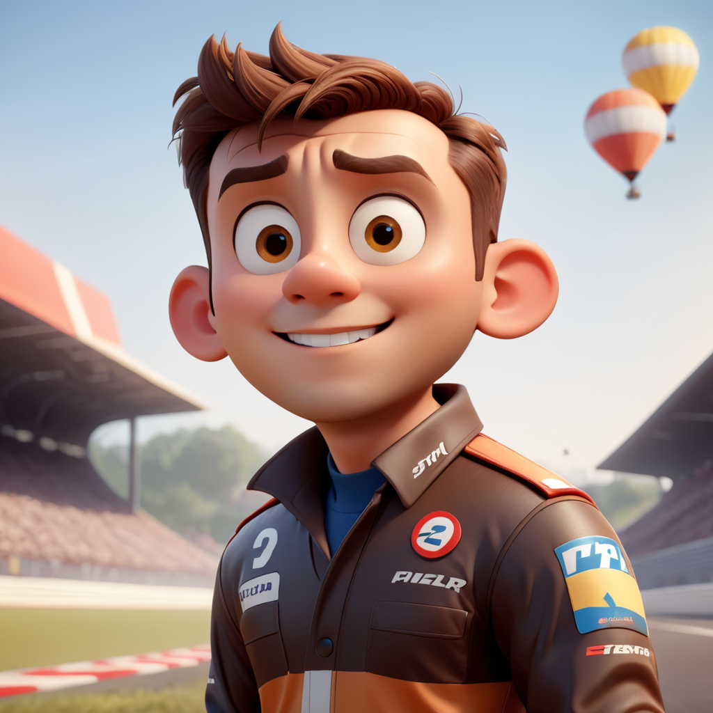 A race car pilot, brown hair, centered face