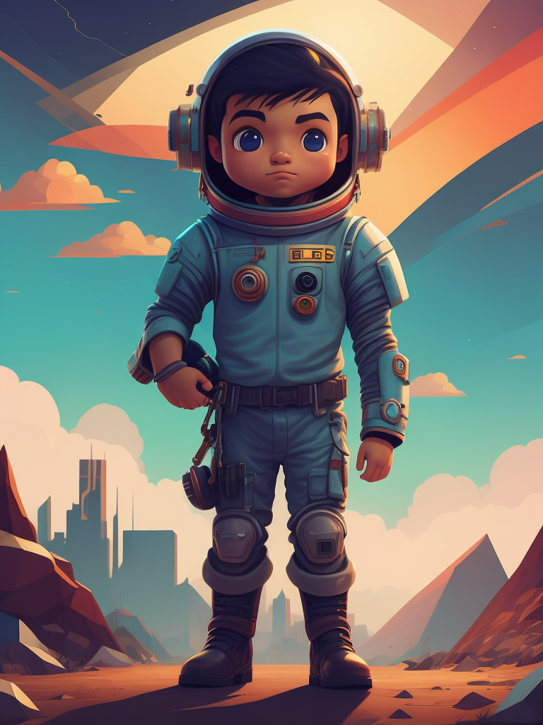 Highly detailed portrait of a cute little astronaut. he has a bright and cheerful color scheme, featuring a mix of pastel blues, pinks, and purples, standing with his arms folded holding a toy sword, surrounded by a swirl of energy. the background is a colorful cartoon landscape, with fluffy clouds and a rainbow. the background is a stark, metallic landscape, with a futuristic cityscape visible in the distance. by atey ghailan, by eduard hopper, by greg tocchini, by james gilleard, grunge aesthetic graffiti