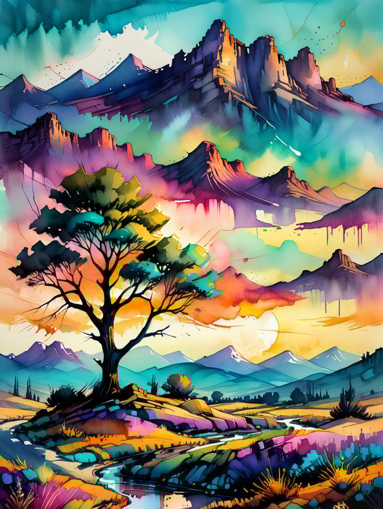 uma pintura de três árvores em um campo com montanhas ao fundo, paisagem da aquarela, paisagem abstrata vívida, o deserto é em aquarela, paisagem artística, pintura em aquarela vibrante, cores vibrantes, mas suaves, Ciprestes e Colinas, Aquarela vibrante, arte em aquarela, pintura de paisagem colorida, uma pintura em aquarela, Aquarelas, paisagem vívida, ilustração da paisagem, Paisagem abstrata, cores atmosféricas vibrantes