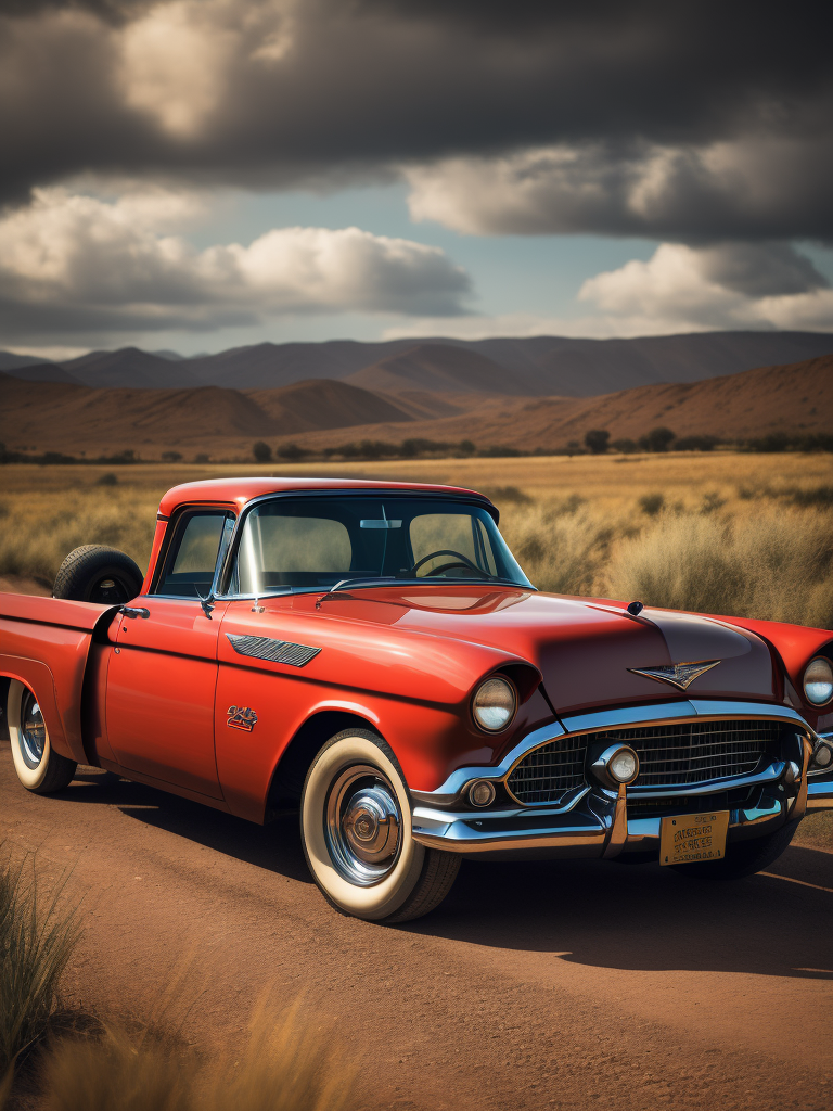 Red ford thunderbird 1955 old fashion truck driving down a dirt road in the country