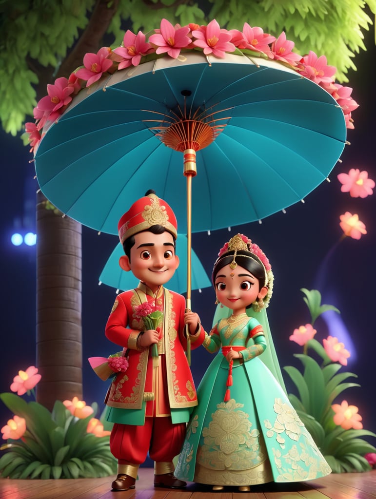 "Create a 3D realistic render of character wedding function male & female wear traditional dress. inner of decor wedding stage fully covered flowers, umbrella, neon lights, leaves.etc