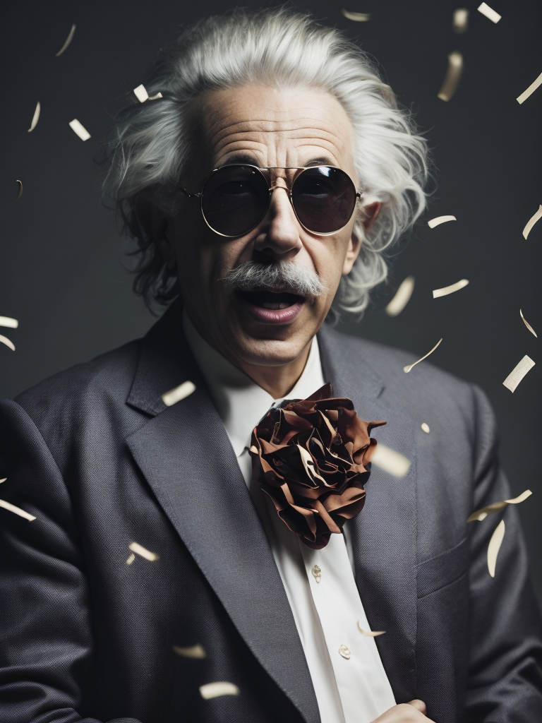 cinematic photo of Albert Einstein in rapper style. Dressed in a flashy suit, sunglasses perched on his nose, holding his Nobel Prize in his mouth like a true boss. Money raining down around him, crisp dollar bills fluttering in the air. A sleek sports car in the background, doors open, ready to ride. Einstein's confident smirk, a swagger in his stance, the embodiment of intellectual cool and unapologetic brilliance. 35mm photograph, film, bokeh, professional, 4k, highly detailed, vibrant, stunningly beautiful, high contrast, ultra-modern