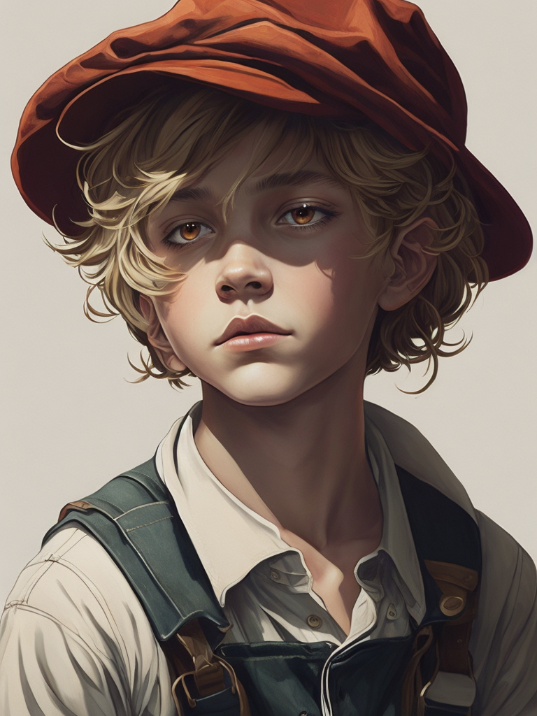 Young boy wearing a newsboys flat cap, curly blonde hair, deep amber eyes, overalls, red and white plaid button up shirt, hyper realistic, photorealism,