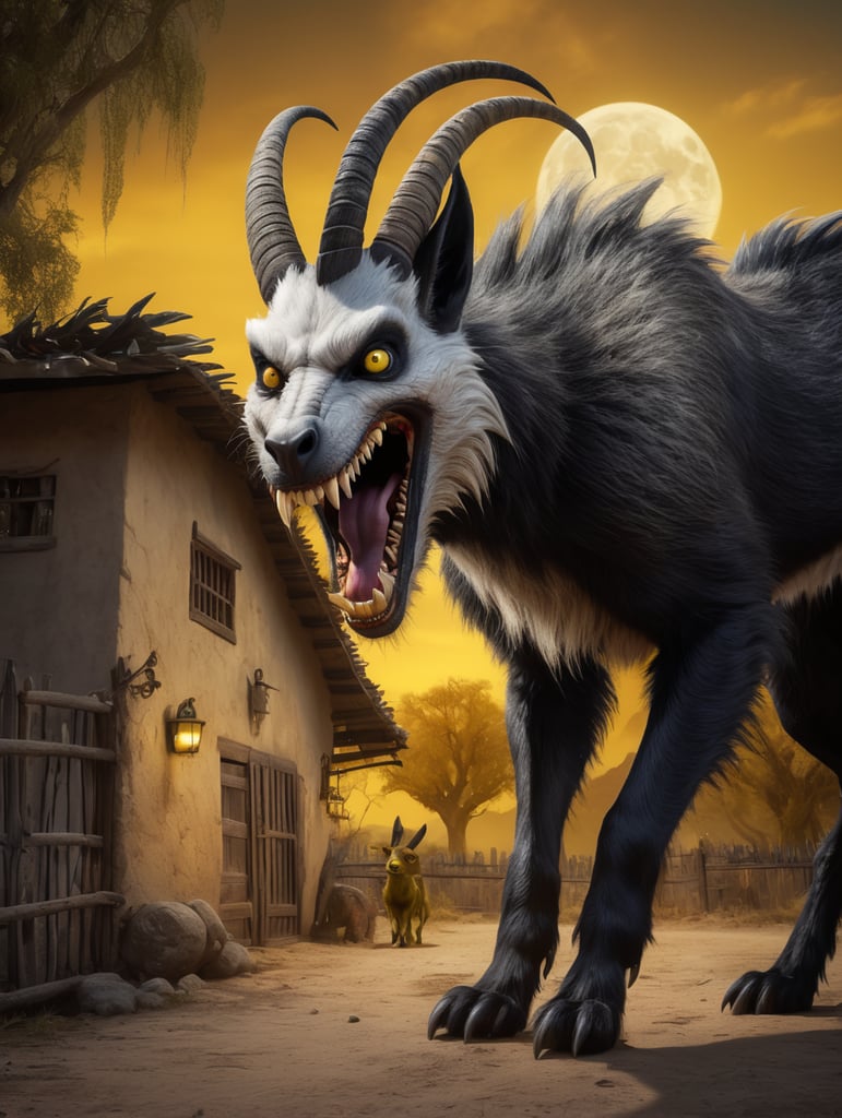 anthropomorphic Chupacabra cryptid with vicious teeth and long fangs is eating a goat, elongated yellow eyes, short dark fur with mane-like spines sticking out of the creatures back, background Mexican farm house with old trees, full moon, rule of thirds, realistic photography