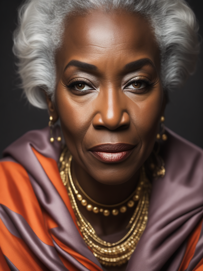 A 50yr old African supermodel with classic Chanel make-up and beautifully styled volume hair, beautiful pores and skin texture, detailed high resolution image, grey hair, Dior makeup, award winning fashion editorial image, soft lighting, gentle expression, she is content with her age
