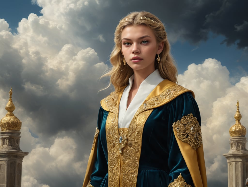 stella maxwell in graduation gown made of velvet visiting an elder in a shire white and gold marble background with clouds