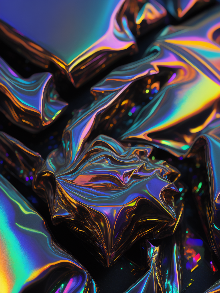Texture of crumpled holographic foil, pattern, background, top view, metallized effect, metallic, multi-colored reflections, holographic effect