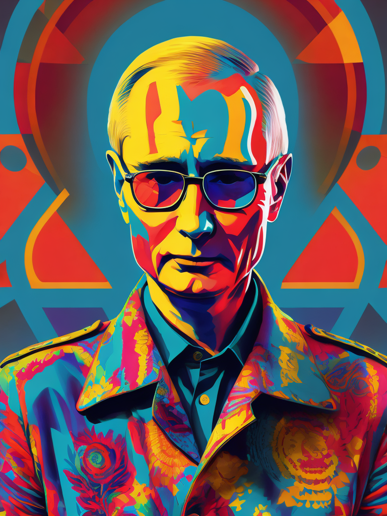 Vladimir Putin wearing a brightly patterned jacket and wayfarer glasses, Vivid saturated colors, Contrast color