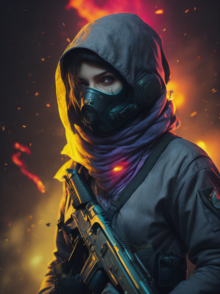 terrorist girl from counter strike game with ak-47 and helmet, ultra realism, super detailed, neon colors, magazine cover, professional shot, magazine photography, bright saturated colors, sharp focus, highly detailed