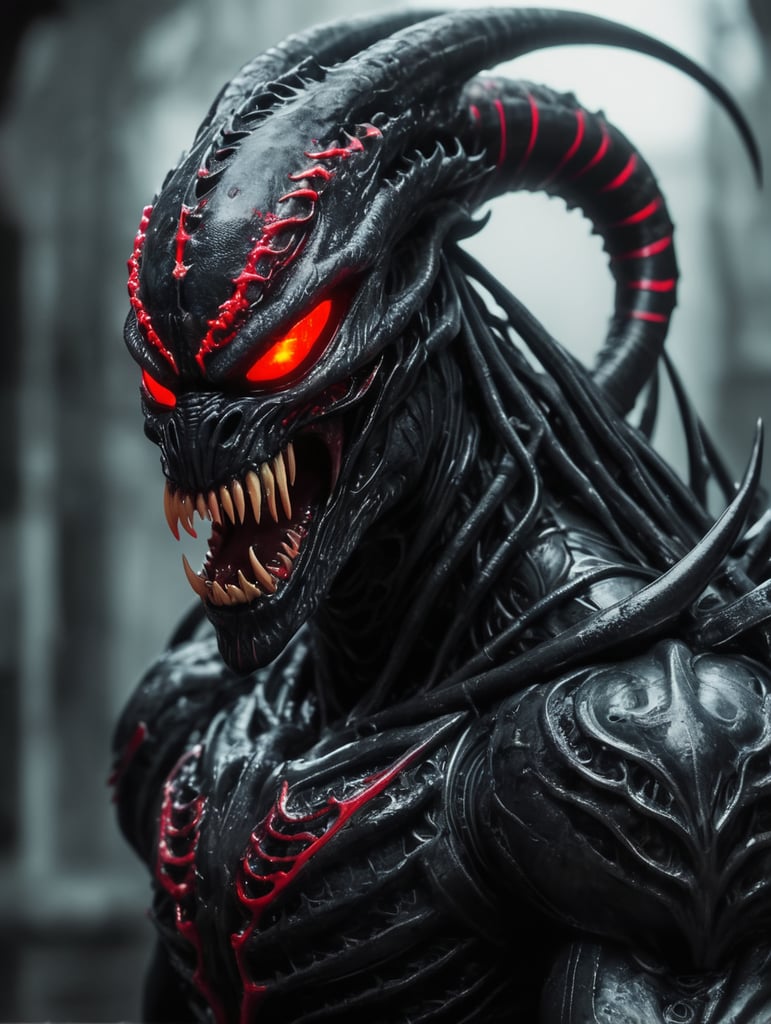 alien venom symbiote predator, gothic background, glowing neon skin tone, red eyes, horror movie theme