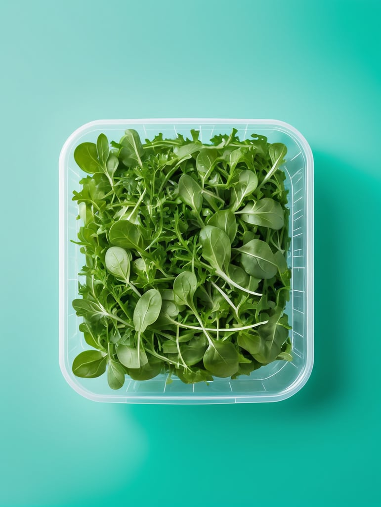 blank Transparent Plastic Container with Arugula Salad, isolated, cyan background, Mockup, mock up
