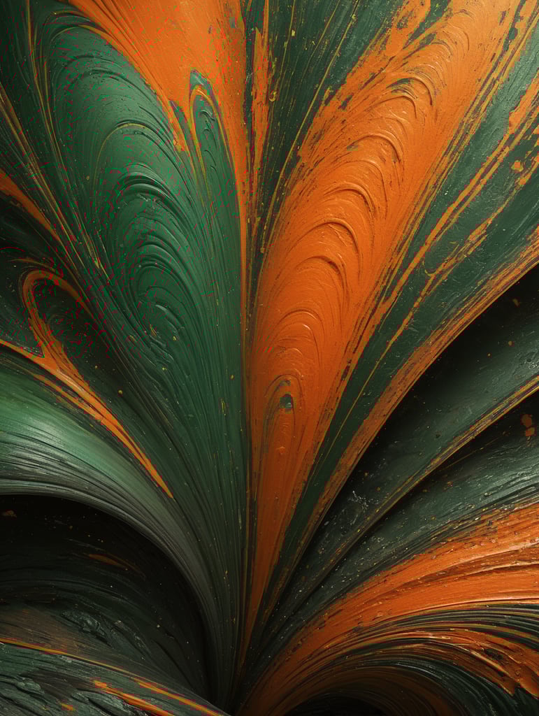 Abstract swirling patterns of green and orange hues blending seamlessly, creating a vibrant and dynamic visual. Use these captivating paint textures as a foundation for your brand's supporting backgrounds, exuding a sense of creativity and fluidity. The view from the top offers a unique perspective, capturing the essence of liquid movement and energy