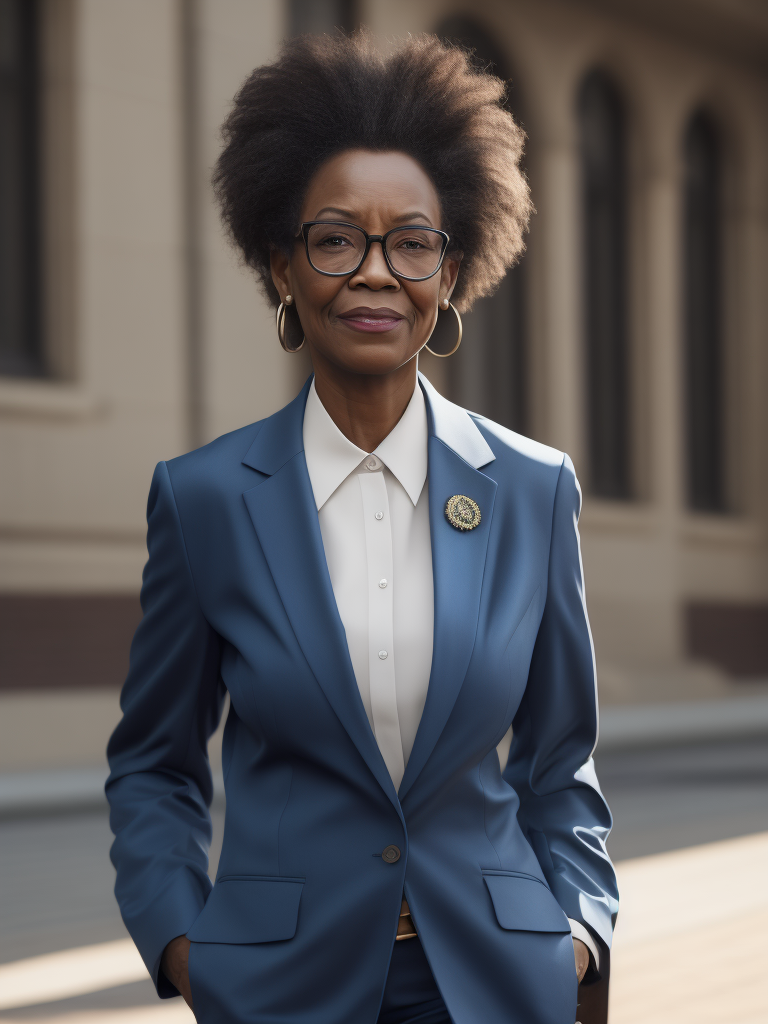 Attractive senior african-american woman with glasses walking confidently in a beautiful blue suit