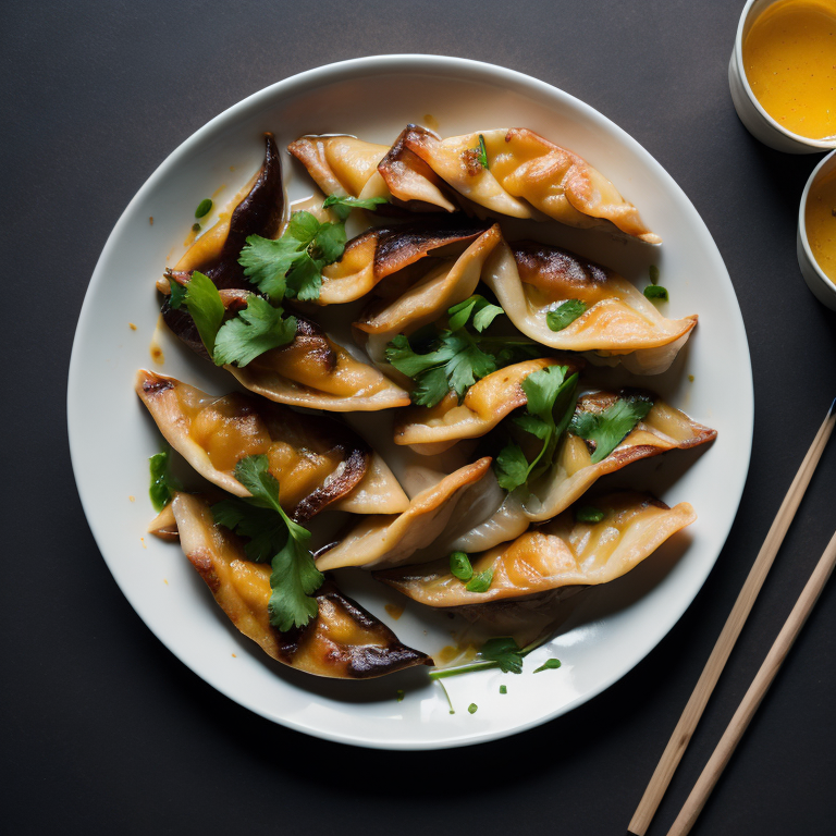 Marketing photo of delicious Asian potstickers on a plate, for use on a restaurant's website.
