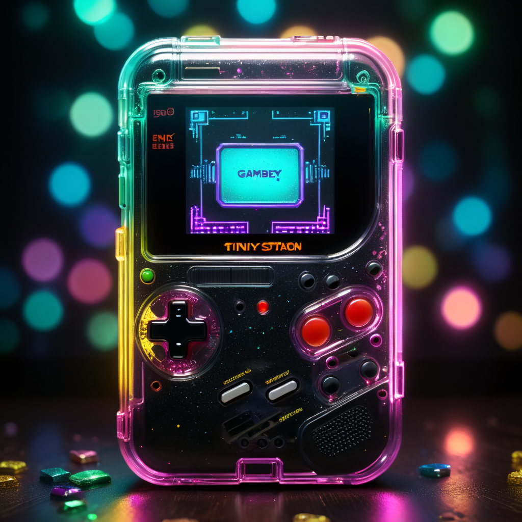 3d render retro tiny cute black shiny game boy translucent plastic case, neon light, glitter background