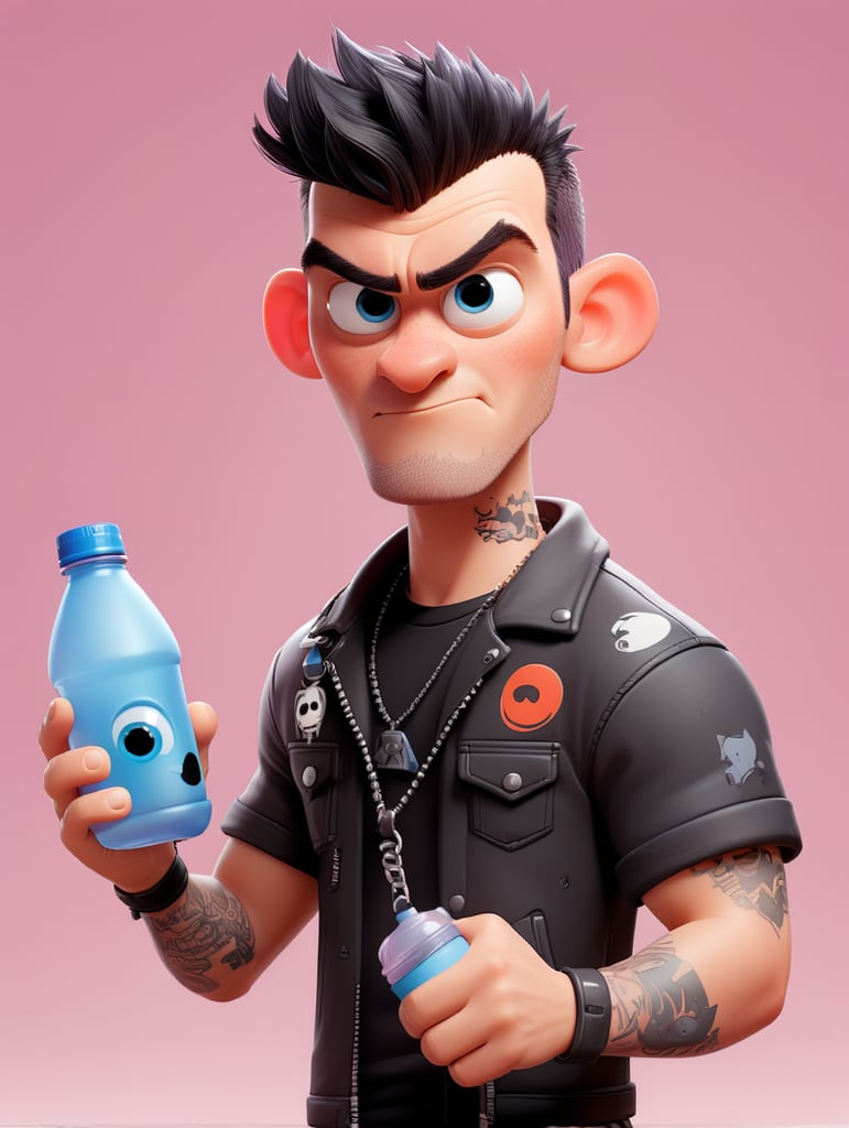 a punk designer holds in his hand a water bottle, isolated, light pink background