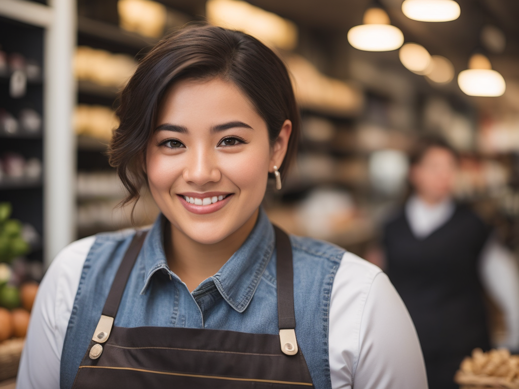 A woman store worker smiles. Retail store, grocery, bakery, pharmacy. Lady with an apron working in the market.