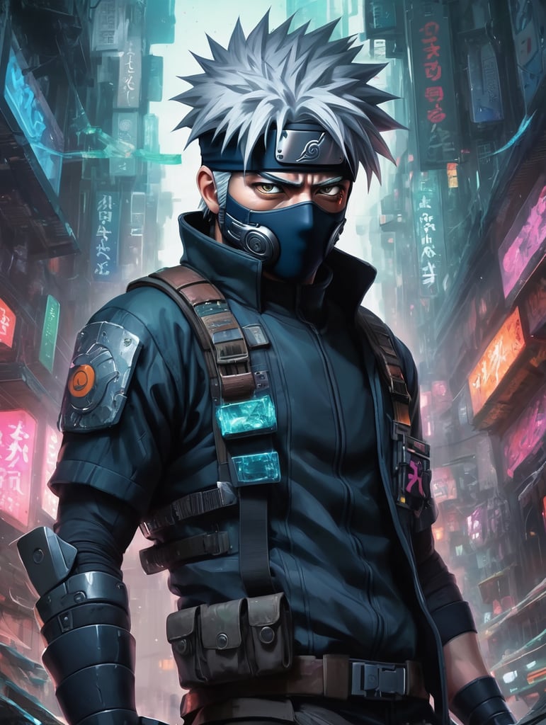 Beautiful fantasy painting of Kakashi Hatake, in the style of cyberpunk manga, richly detailed genre paintings, nightcore, spiral group, dark aesthetic, smashed glass, 32k uhd, eye-catching tags