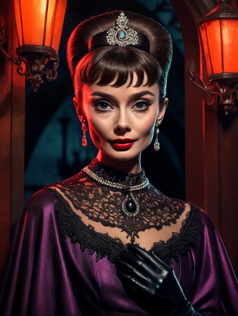 Audrey Hepburn as a creepy evil character in spooky Halloween costume, Vivid saturated colors, Contrast color