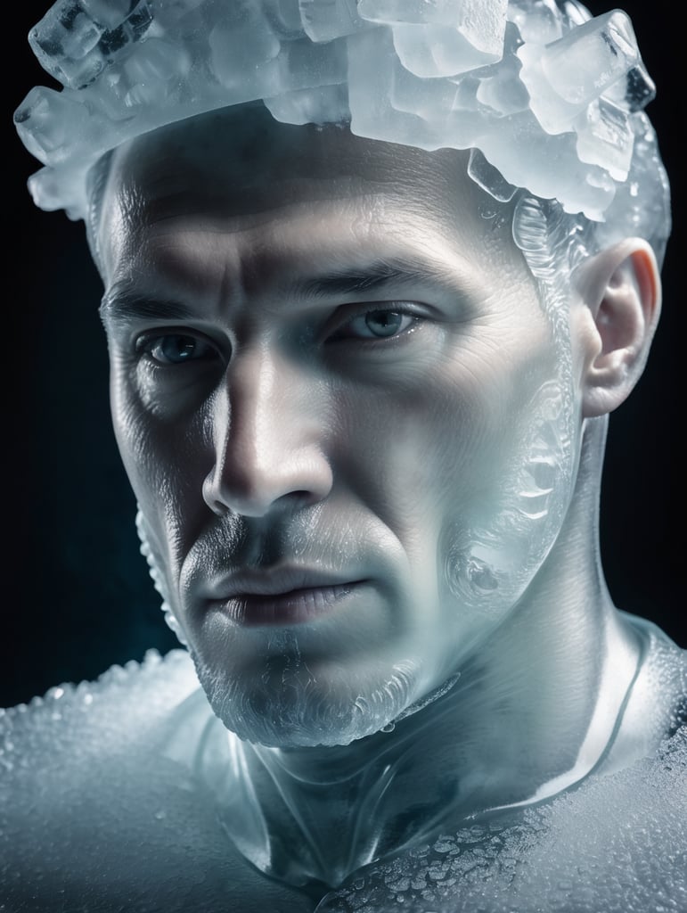 Portrait of a Translucent man made from the ice, organs are visible through the ice